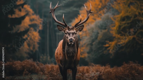  A deer, its antlers adorned, gazes intently from a field dotted with trees
