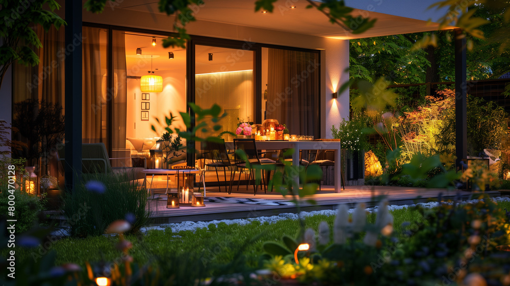 Summer evening in beautiful modern suburban house patio and porch, evening scene with warm color lights, peaceful, quite romantic evening