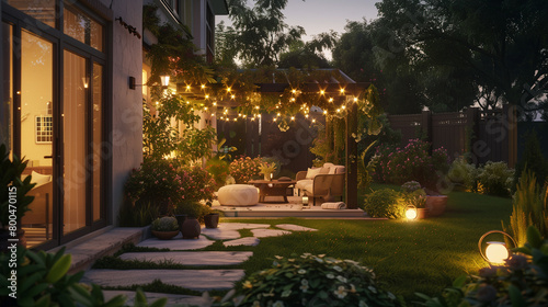 Cozy summer evening with festive lights, modern house patio party illuminated with various outdoor lights, twinkling lights illuminate warm yellow color, suburban house creating magical ambiance