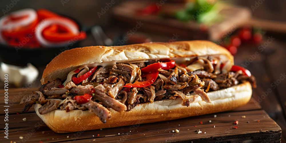 Philly cheesesteak sandwich on wooden table Philly cheesesteak sandwich on wooden table