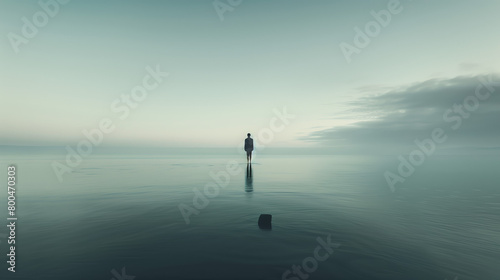 A lone figure paddleboarding on a vast, tranquil ocean as dusk sets, creating a mystical atmosphere photo