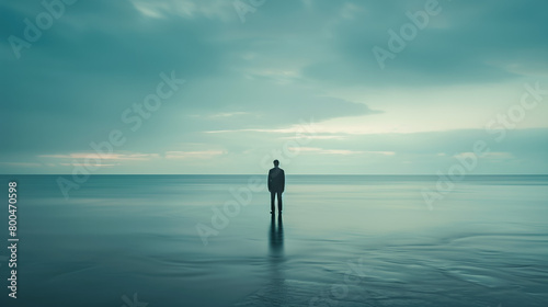 An individual stands contemplatively on an extended shoreline under a moody twilight sky photo