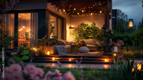 Cozy summer evening with festive lights, modern house patio party illuminated with various outdoor lights, twinkling lights illuminate warm yellow color, suburban house creating magical ambiance