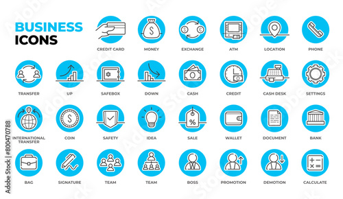 Business icon set, minimal line art design pack. Credit card icon, exchange, ATM, cash, wallet and sale, money transfer and cashdesk, phone and location, team and signature icons