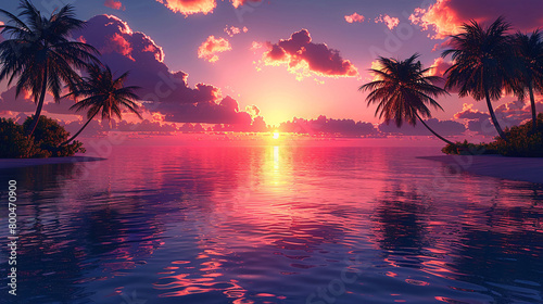 Beautiful sunset tropical beach with palm tree and pink sky for travel and vacation in holiday relax time © Muhammad