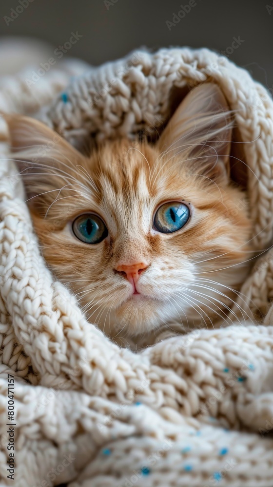 Cat With Blue Eyes Hiding Under Blanket