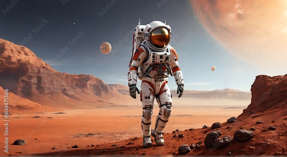 illustration of an astronaut walking with his child on the planet Mars, created with generative ai illustration of an astronaut walking with his child on the planet Mars, created with generative ai