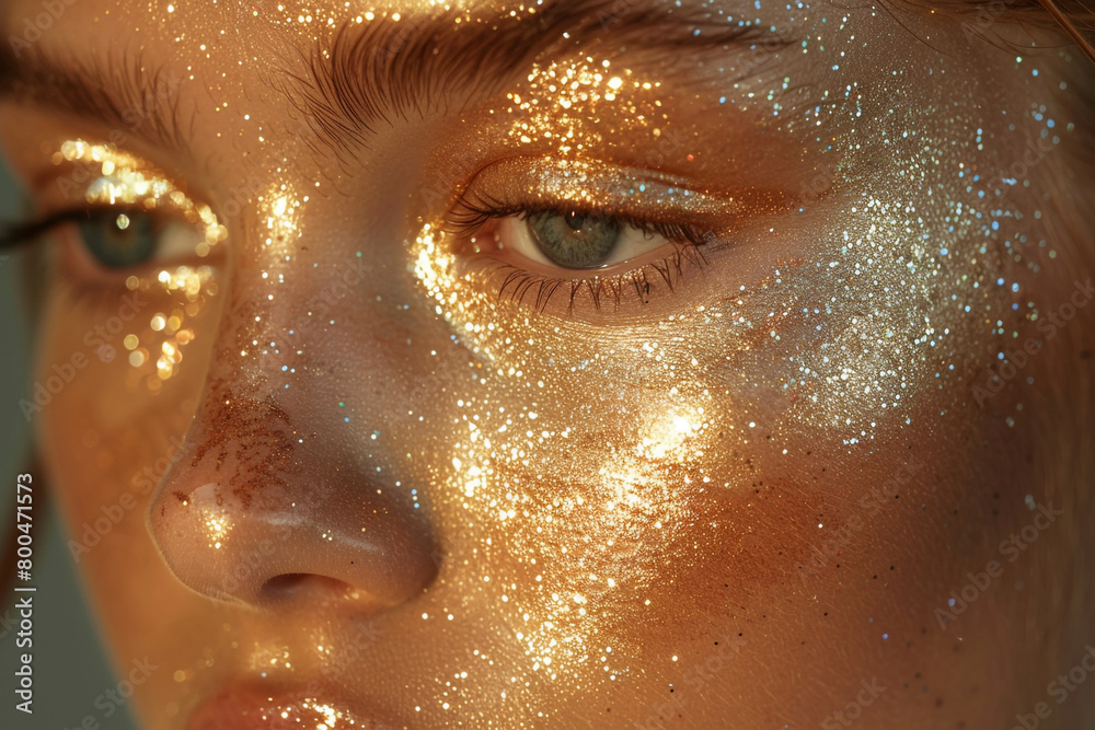 Glittering gold flecks adorning a flawless canvas of foundation.