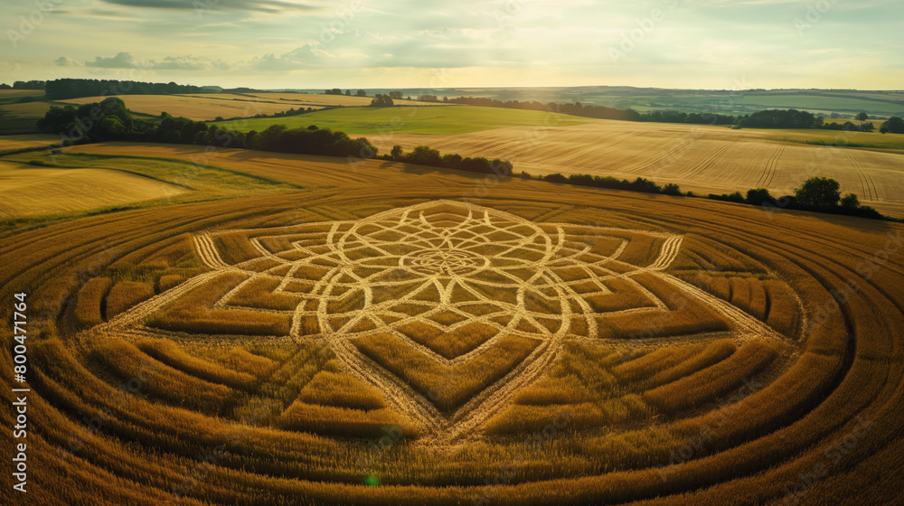 An aerial view of a complex crop circle design amidst a golden wheat field capturing the mysterious and alluring artistry An aerial view of a complex crop circle design amidst a golden wheat field capturing the mysterious and alluring artistry