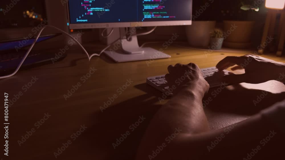 A young man programmer coding on a laptop in the dark with a view of the lights of the night city, color lighting in the room. Coding and hacking concept. Saint Petersburg, Russia - 20 April 2024