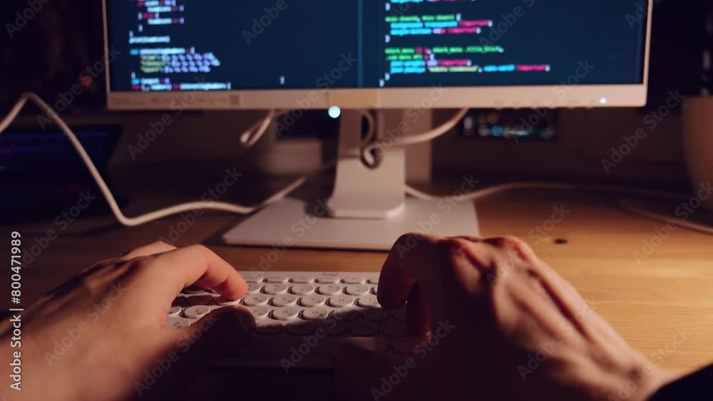 A young man programmer coding on a laptop in the dark with a view of the lights of the night city, color lighting in the room. Coding and hacking concept. Saint Petersburg, Russia - 20 April 2024