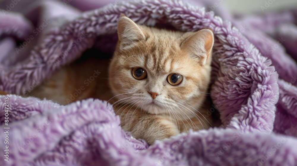 Small Kitten Peeking From Under Purple Blanket Small Kitten Peeking From Under Purple Blanket