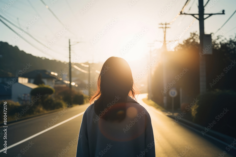 女, 女性, 後ろ姿, 女性の後ろ姿, 道路, 道, 佇む女性, 逆光, woman, back view, woman's back ...