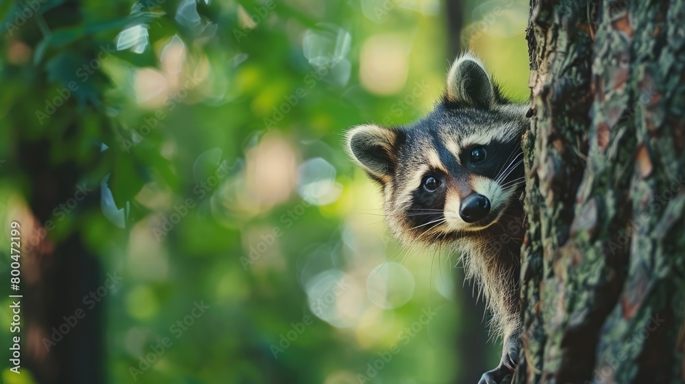 Obraz premium Curious raccoon peeking from behind a tree in the forest.