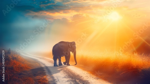   An elephant walks down a dirt path, crossing a sprawling field Sunlight bathes the scene from the horizon © Viktor
