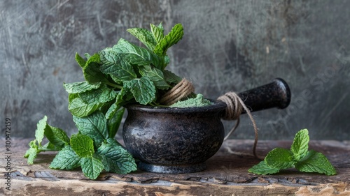 A bundle of fresh mint tied with twine, alongside a rustic mortar and pestle filled with crushed mint. 