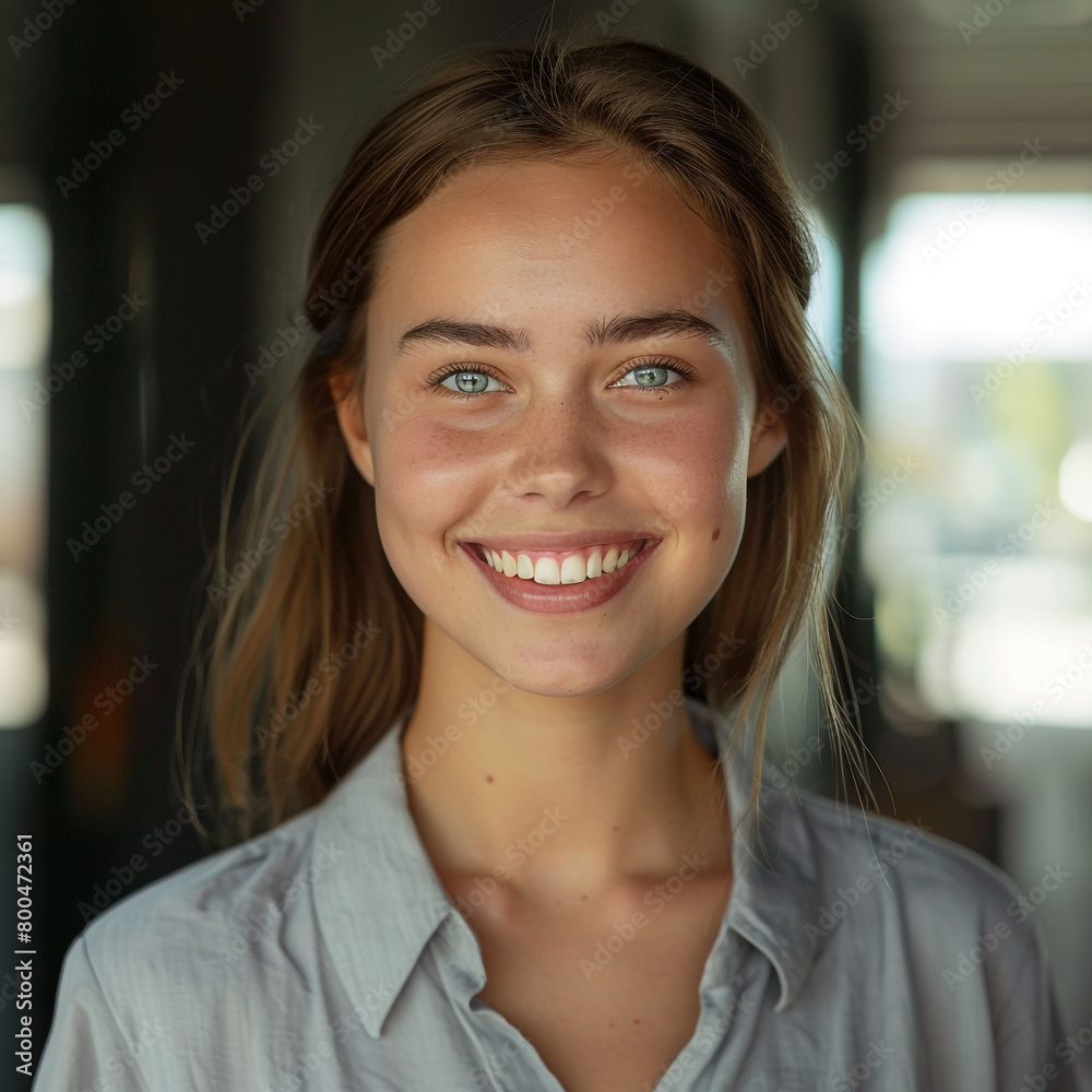 A professional photo of a young girl looking directly into the camera, smiling and casually dressed with light brown hair and blue-green eyes A professional photo of a young girl looking directly into the camera, smiling and casually dressed with light brown hair and blue-green eyes