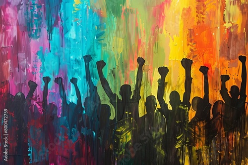 Artistic depiction of people with clenched fists in a variety of colors on canvas, symbolizing the strength of unity and solidarity in the face of adversity