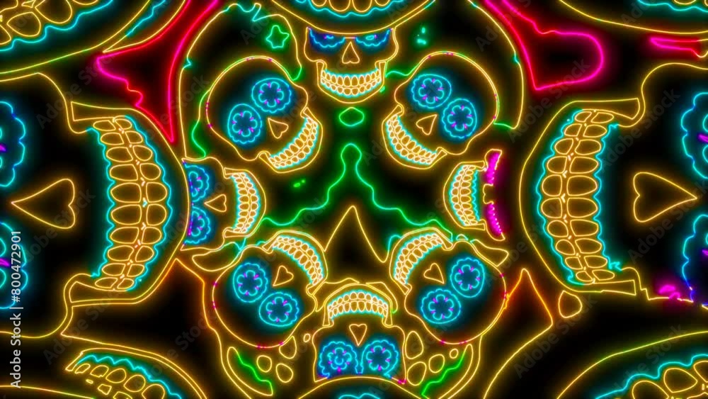 Seamless animation of crazy skulls with neon effect. Funny Halloween background with fluorescent effect for parties and events.