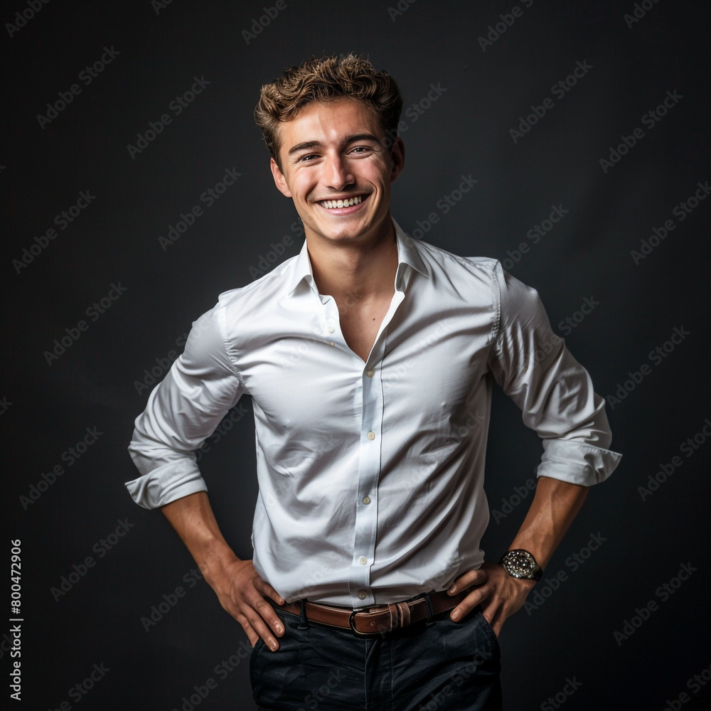 Fototapeta premium A headshot portrait of a young businessman standing confidently with his hands on his hips, smiling at the camera