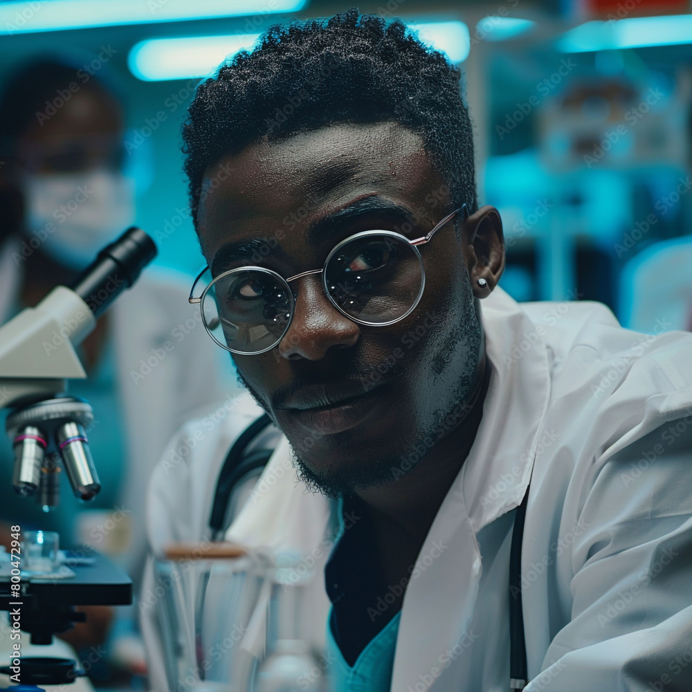 A young future scientist wearing glasses and a lab coat working in a university laboratory A young future scientist wearing glasses and a lab coat working in a university laboratory