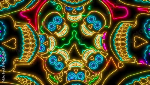 Seamless animation of crazy skulls with neon effect. Funny Halloween background with fluorescent effect for parties and events.