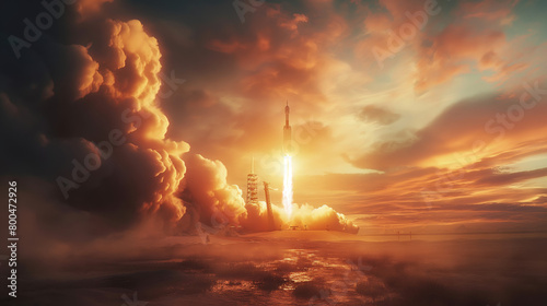 A stunning rocket launch seen at golden hour, the sky painted with hues of orange photo