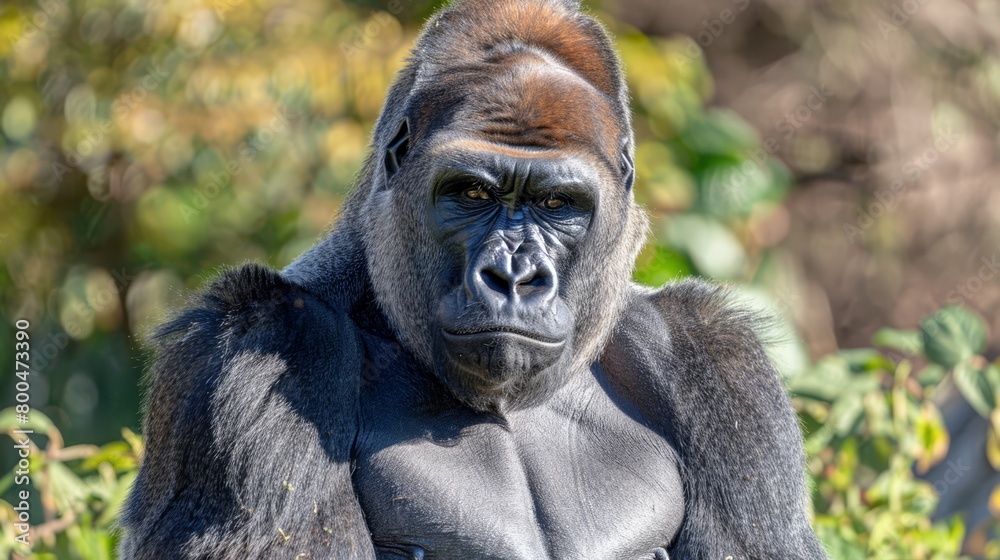   A close-up of a gorilla's face with trees in the background and bushes at the forefront