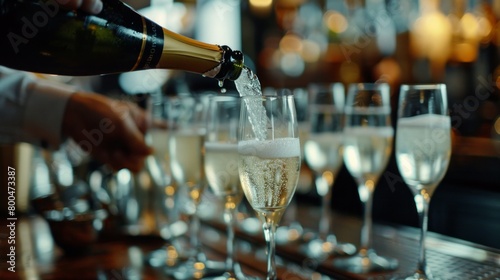 bartender elegantly pouring champagne into a row of flutes, capturing the effervescence and sparkle as they toast to a special occasion.