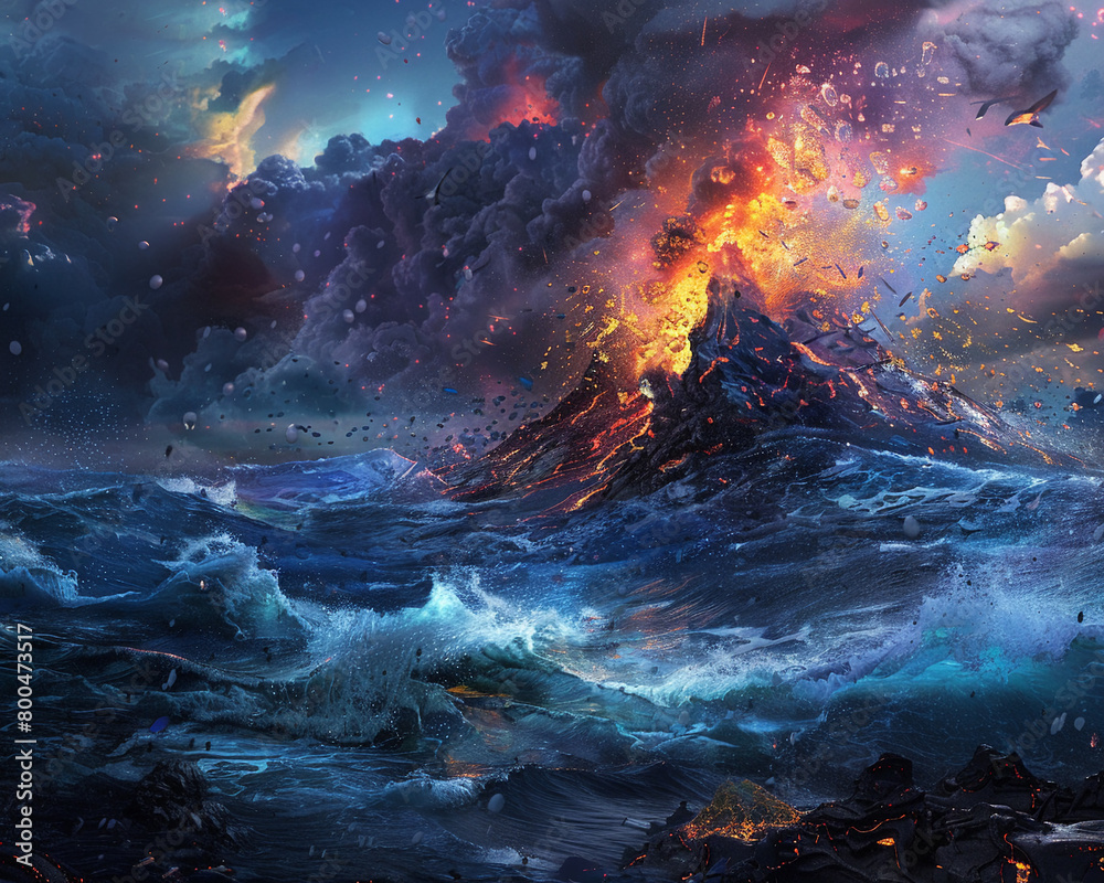 Artistic rendering of an underwater volcanic eruption, vividly capturing the dynamic and powerful forces of nature