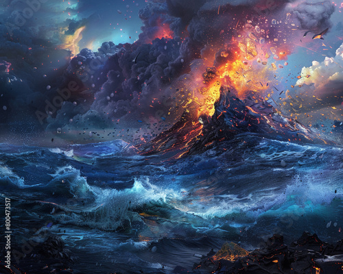 Artistic rendering of an underwater volcanic eruption, vividly capturing the dynamic and powerful forces of nature