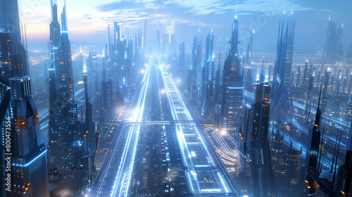 Future cities  Visualization of a futuristic city skyline with advanced architecture and transportation systems