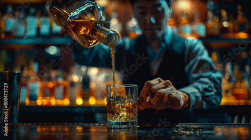  bartender pouring a dram of whiskey from a beautifully aged bottle  highlighting the amber liquid as it cascades into a glass  evoking the warmth and richness of the spirit. 