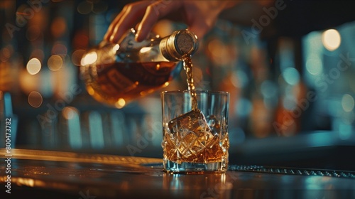  bartender pouring a dram of whiskey from a beautifully aged bottle  highlighting the amber liquid as it cascades into a glass  evoking the warmth and richness of the spirit