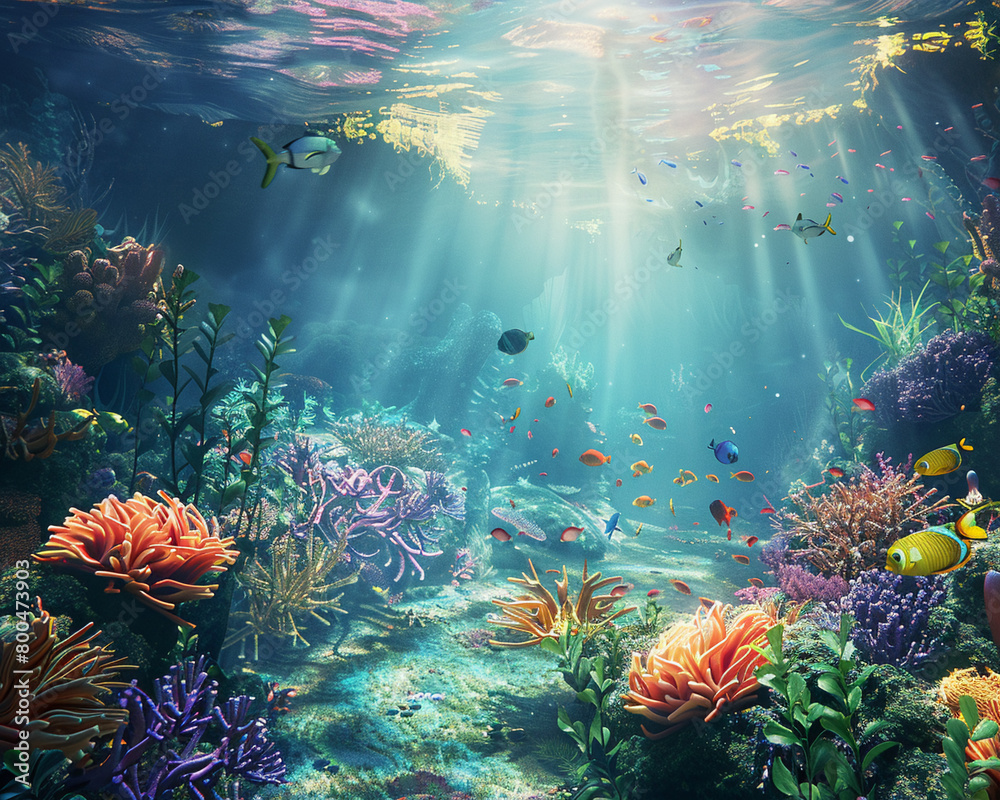 Obraz premium Underwater paradise showcasing a thriving coral reef teeming with diverse marine life, emphasizing environmental beauty