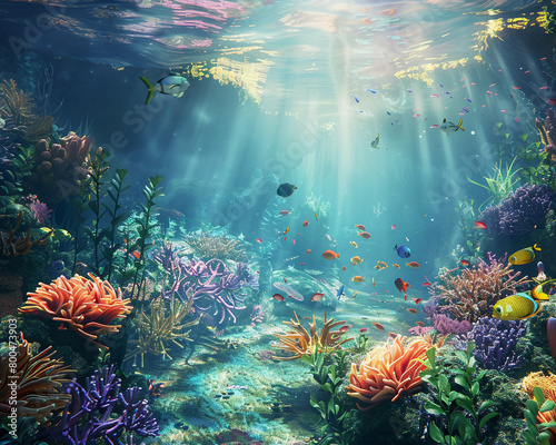 Underwater paradise showcasing a thriving coral reef teeming with diverse marine life  emphasizing environmental beauty