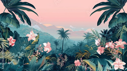 Tropical background. Exotic landscape  hand-drawn design style. Luxury wall mural. Leaf and flowers.
