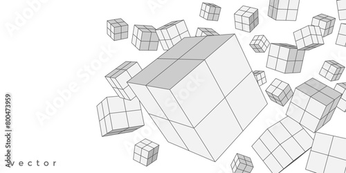 Abstract white background from cubes and lines. Linear geometric drawing. Vector illustration.