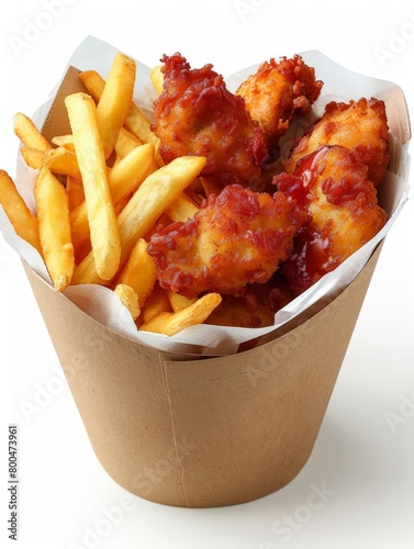 Paper Container Filled With French Fries Covered in Ketchup photo