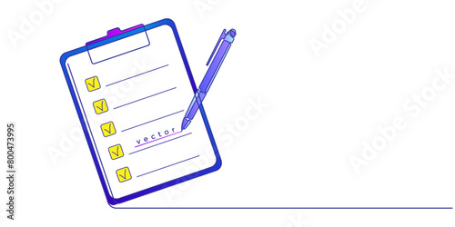 Clipboard with checklist. Management service page, business paper. Linear drawing on a white background. Vector illustration.
