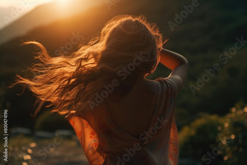 女, 女性, モデル, 女性の後ろ姿, 風, なびく髪, 夕焼け, 逆光, backlight, model, back view, back view of woman, woman, wind, fluttering hair, sunset, backlight