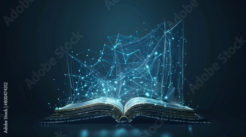 A holographic book comprised of polygons, triangles, points, and lines, symbolizing technological advancements in education. Vector illustration representing a futuristic concept.
