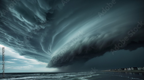 Captivating image of a menacing supercell thunderstorm ominously approaching beachfront houses, illustrating nature's power photo