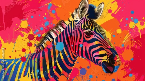 A colorful illustration of a zebra with a pink background