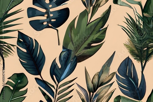 tropical leaves on high stems on a beige background, photo wallpaper, graphic drawing, wallpaper for a room or home interior Generative AI