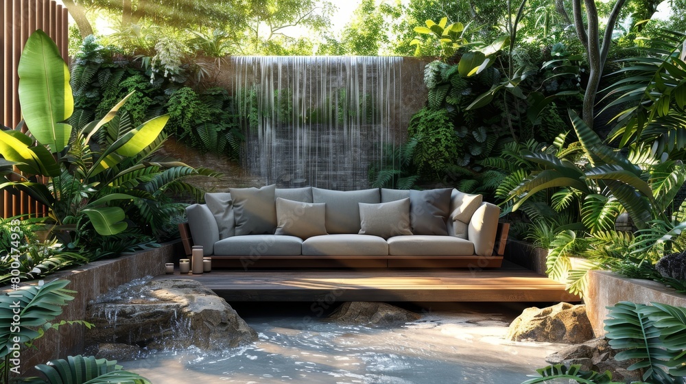 Outdoor Sofa Garden Oasis: A 3D illustration of an outdoor sofa in a garden oasis