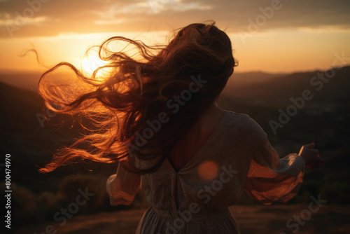 女, 女性, モデル, 女性の後ろ姿, 風, なびく髪, 夕焼け, 逆光, backlight, model, back view, back view of woman, woman, wind, fluttering hair, sunset, backlight