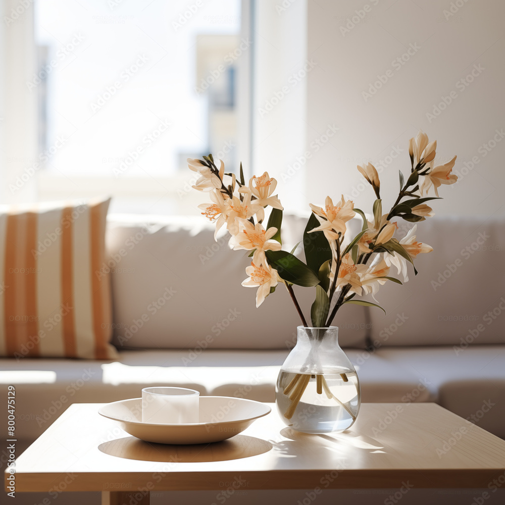 table and flowers, Minimalist Vase with Flowers on Coffee Table in Living Room stock photo table and flowers, Minimalist Vase with Flowers on Coffee Table in Living Room stock photo