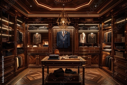 A luxurious walk-in closet  Treasure trove of sartorial elegance  A finely tailored suit jacket takes pride of place  Boutique shop