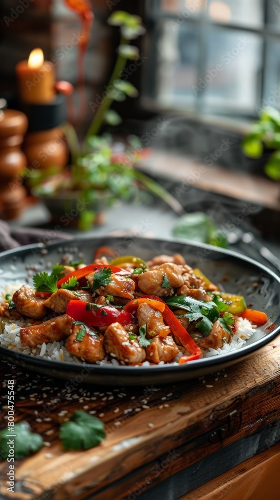 Obraz premium Delicious Chicken Stir-Fry Served on Wooden Table